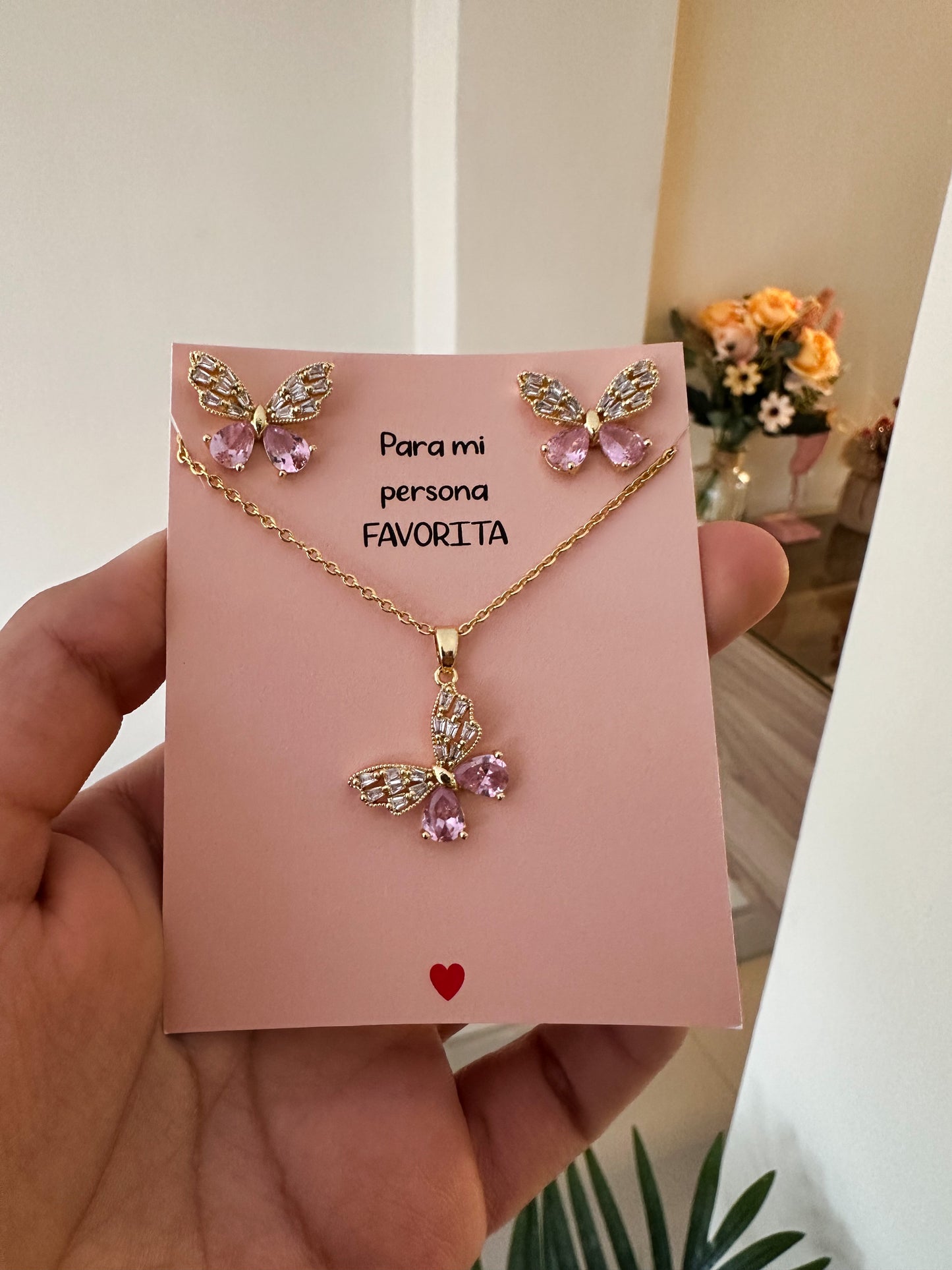 Set mariposita cristales rosas