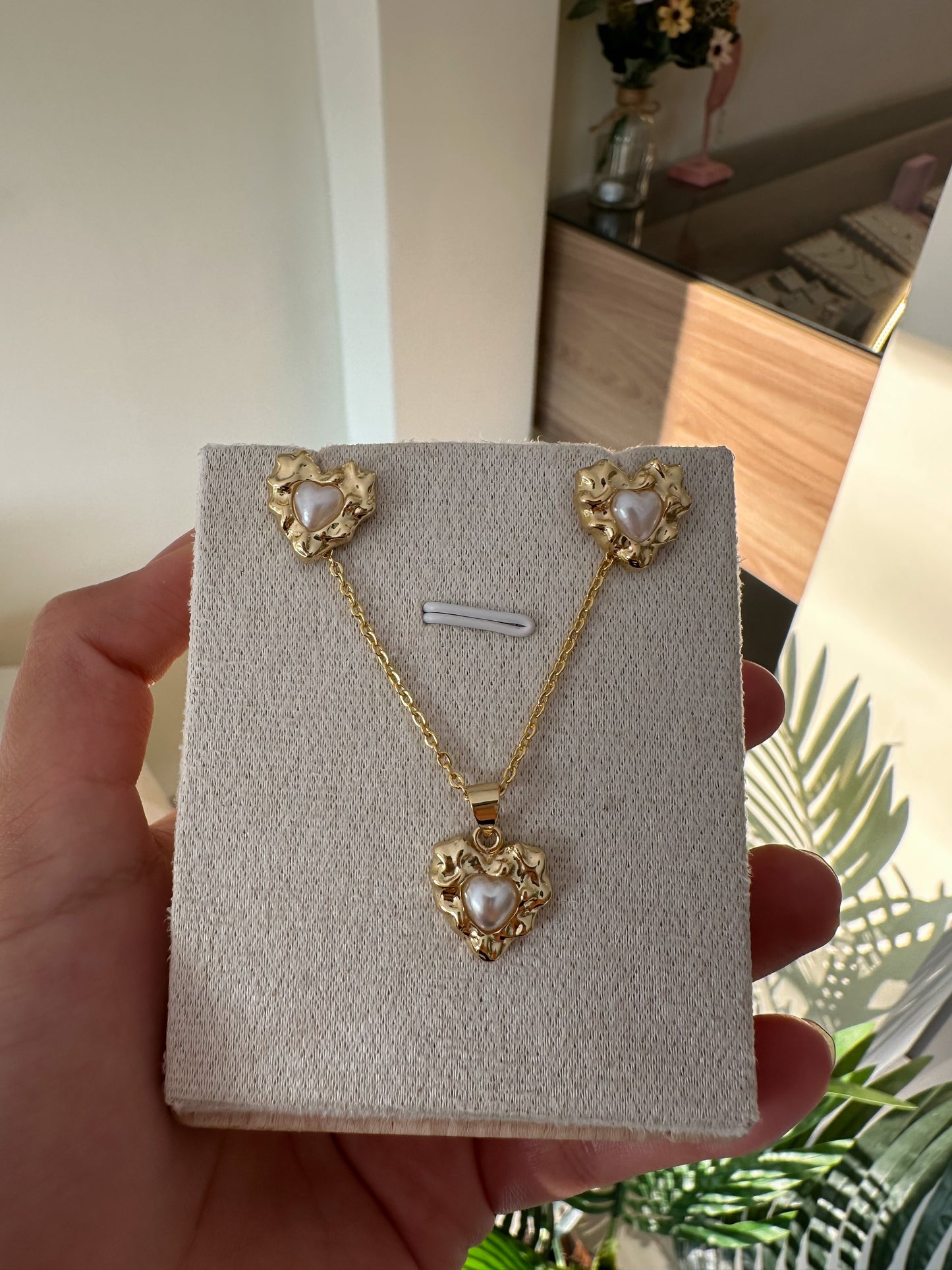 Set corazones gold con perlas