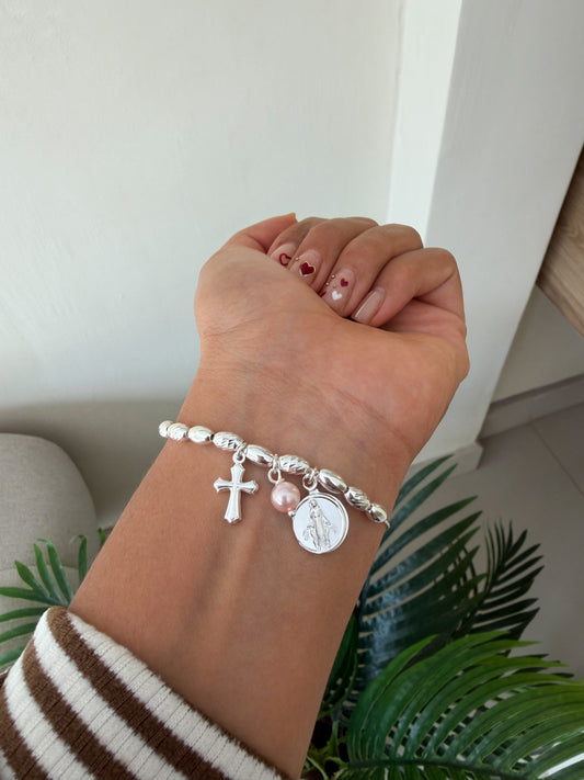 Pulsera religiosa con piedra rosita