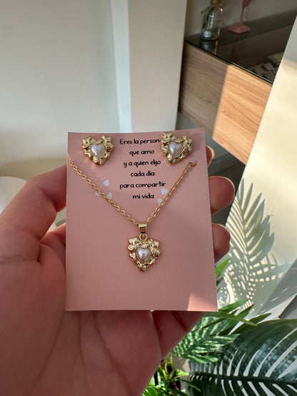 Set corazones gold con perlas